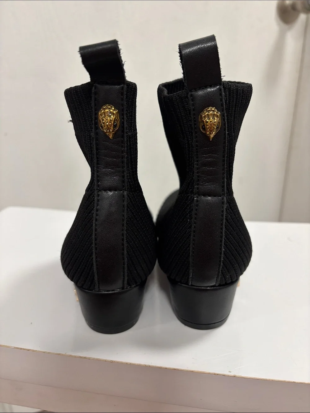 Kurt Geiger Black Knit Ankle Boot with Gold Logo Heel